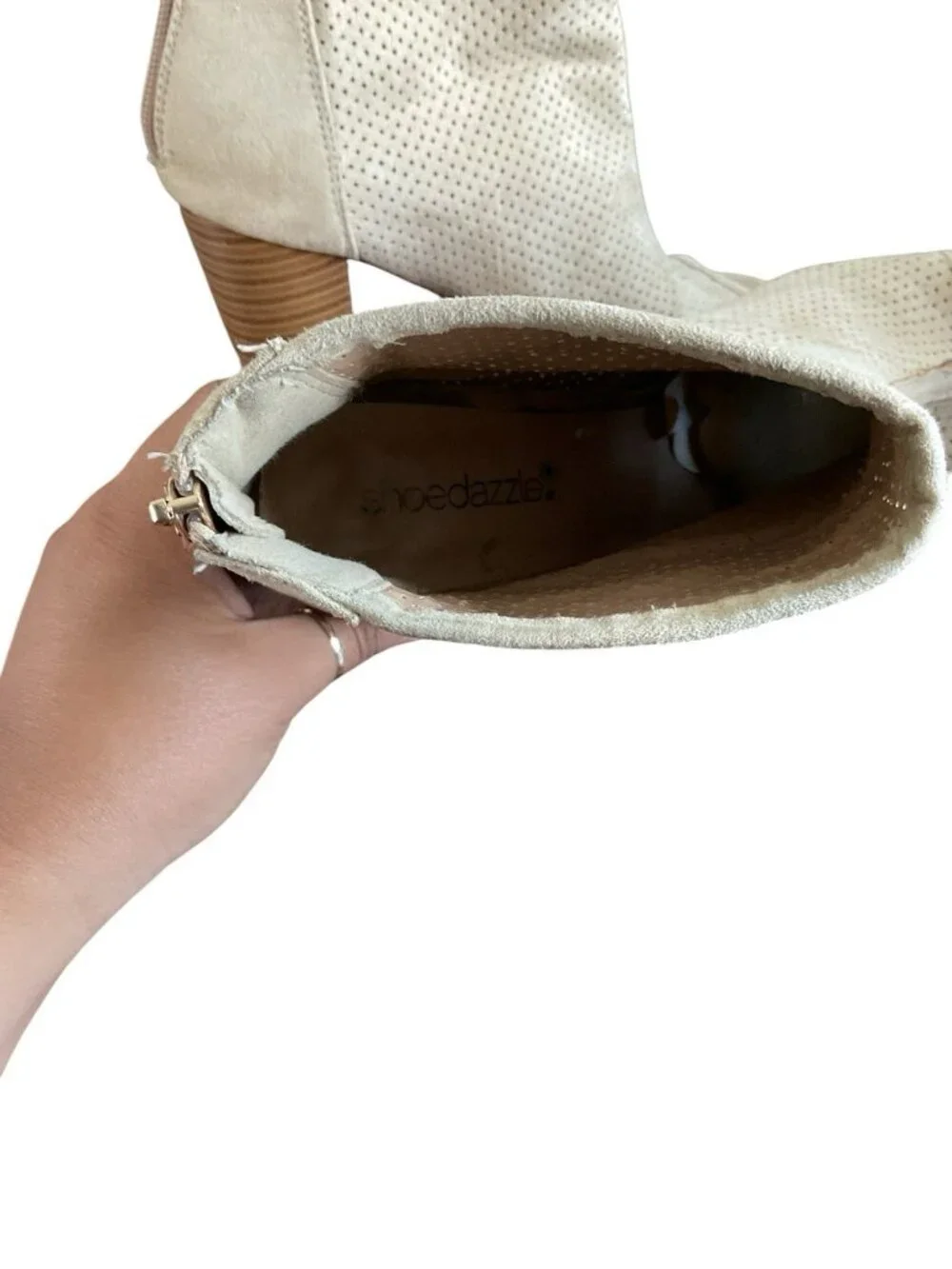 Shoe Dazzle Beige Perforated Peep-Toe Ankle Booties Open Toe Zip Up Size 8